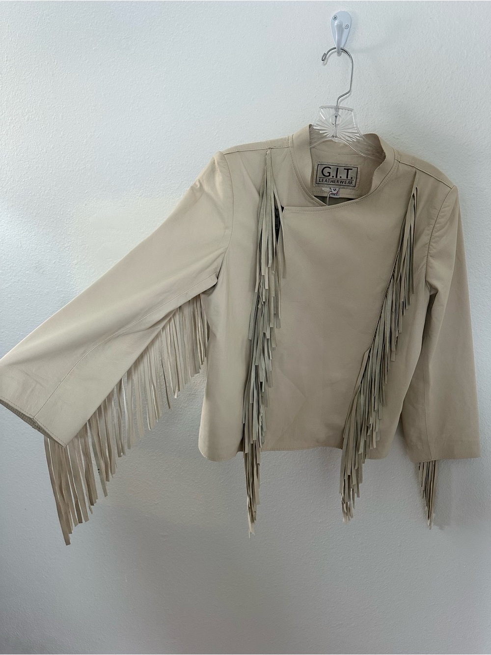 Vintage 80’s Cream 100% Leather Fringe Jacket Tassel Western Size S